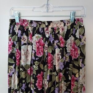 Dana Buchman Floral Pleated Silk Midi Skirt Women Size 8 Black Pink Purple